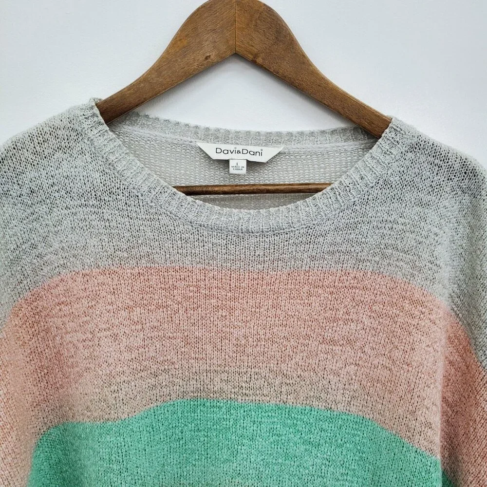 Davi & Dani Color Block Striped Sleeve Pullover Sweater L‎ Multicolor Knit Top